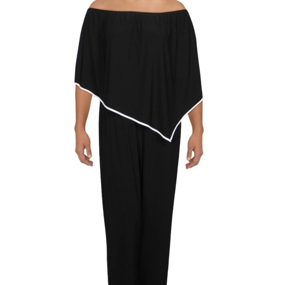 MSK Black Off-Shoulder Jumpsuit with White Trim - Picture 12 of 13